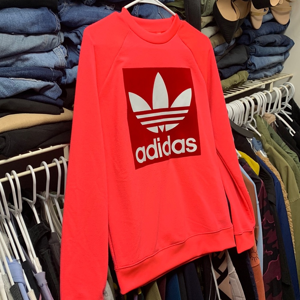 Women’s Adidas sweat shirt great colors pink with red logo size small